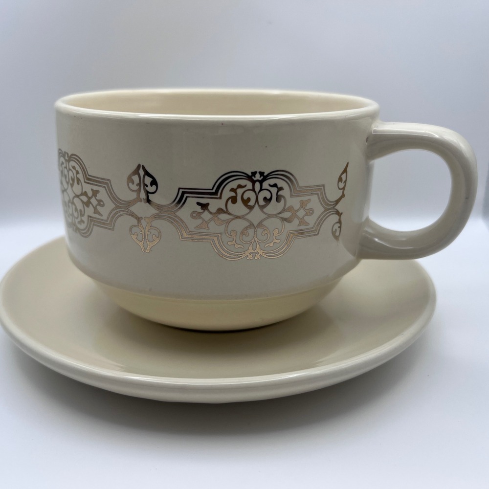 California Pantry Cream Gold Damask Oversized Cup and Saucer Set 2012 Ceramic